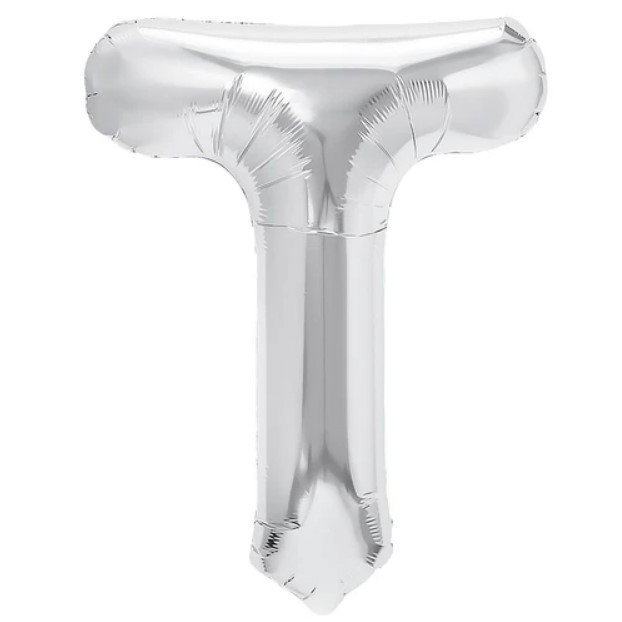 Balon Folie Metalizata Litera T, Flippy, 40 cm, Umflati cu Heliu sau Aer, Ambalaj Individual, Pai inclus, Argintiu [1]