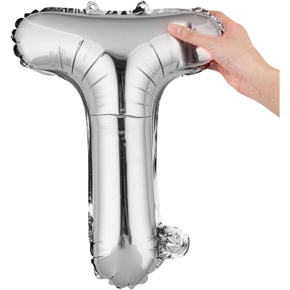 Balon Folie Metalizata Litera T, Flippy, 40 cm, Umflati cu Heliu sau Aer, Ambalaj Individual, Pai inclus, Argintiu [6]