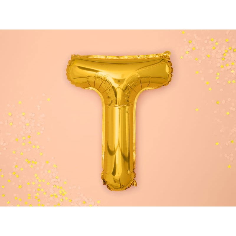 Balon Folie Metalizata Litera T, Flippy, 40 cm, Umflati cu Heliu sau Aer, Ambalaj Individual, Pai inclus, Auriu [3]