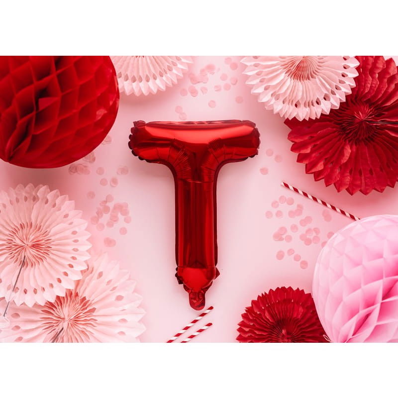 Balon Folie Metalizata Litera T, Flippy, 40 cm, Umflati cu Heliu sau Aer, Ambalaj Individual, Pai inclus, Rosu [2]