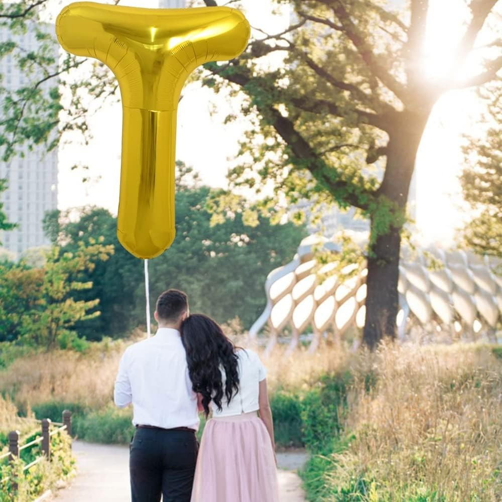 Balon Folie Metalizata Litera T, Flippy, 80 cm, Umflati cu Heliu sau Aer, Ambalaj Individual, Pai inclus, Auriu [3]