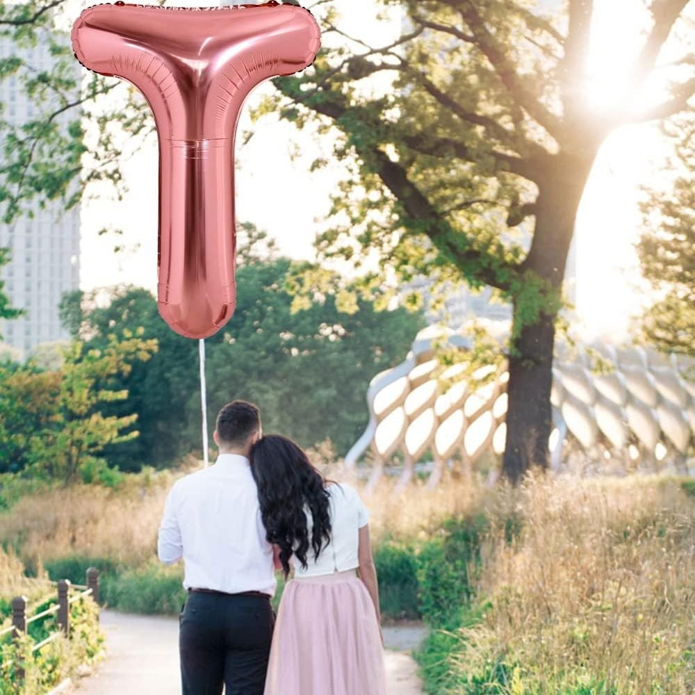 Balon Folie Metalizata Litera T, Flippy, 80 cm, Umflati cu Heliu sau Aer, Ambalaj Individual, Pai inclus, Rose Gold [7]