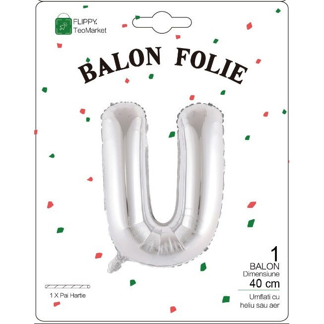 Balon Folie Metalizata Litera U, Flippy, 40 cm, Umflati cu Heliu sau Aer, Ambalaj Individual, Pai inclus, Argintiu [2]