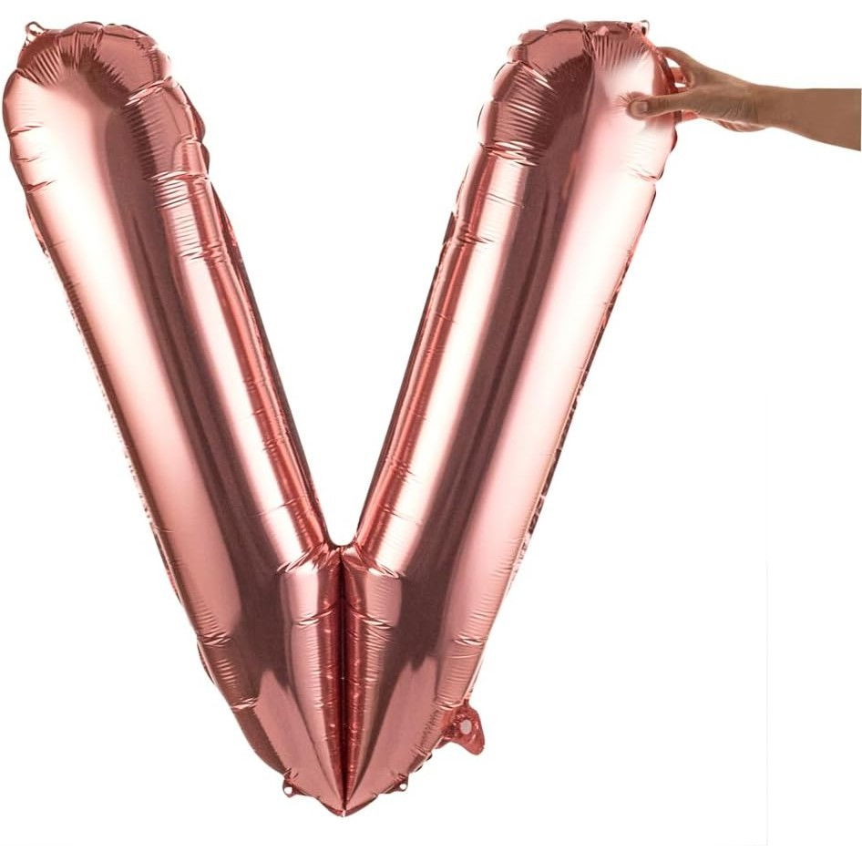 Balon Folie Metalizata Litera V, Flippy, 100 cm, Umflati cu Heliu sau Aer, Ambalaj Individual, Pai inclus, Rose Gold [8]
