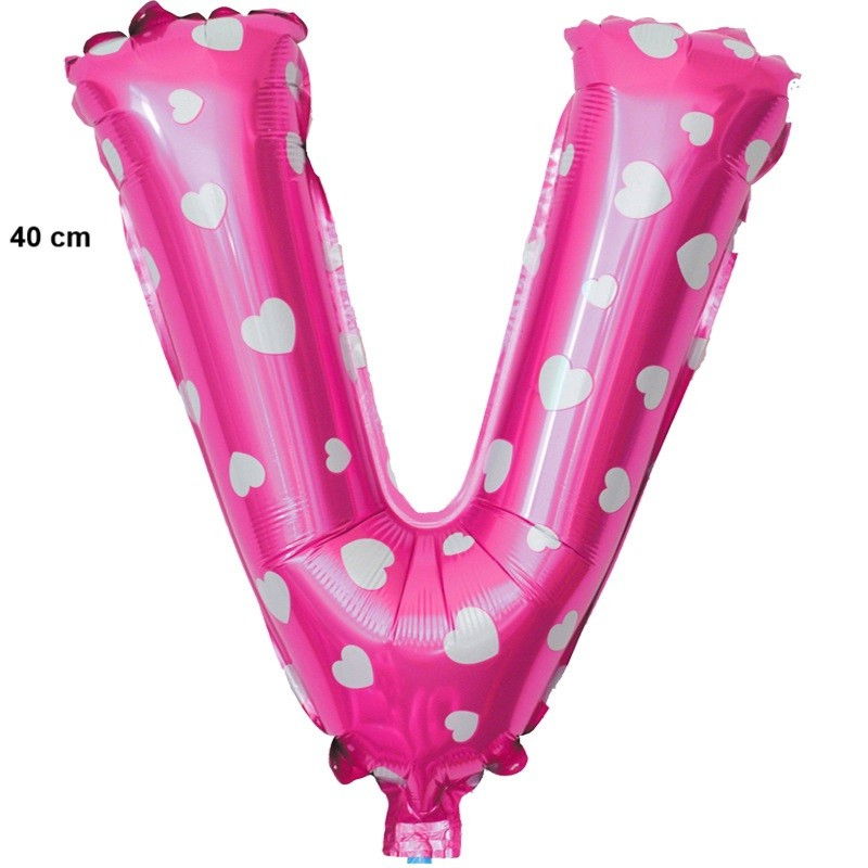 Balon Folie Metalizata Litera V, Flippy, 40 cm, Cu Imprimeu Inimioare, Umflati cu Heliu sau Aer, Ambalaj Individual, Pai inclus, Roz [2]