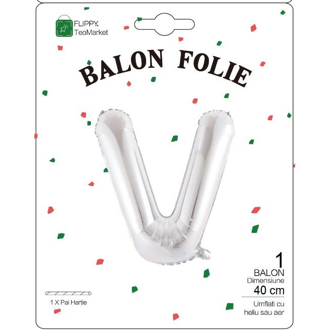 Balon Folie Metalizata Litera V, Flippy, 40 cm, Umflati cu Heliu sau Aer, Ambalaj Individual, Pai inclus, Argintiu [2]