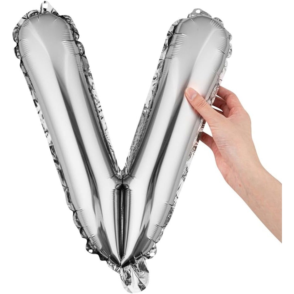 Balon Folie Metalizata Litera V, Flippy, 80 cm, Umflati cu Heliu sau Aer, Ambalaj Individual, Pai inclus, Argintiu [6]