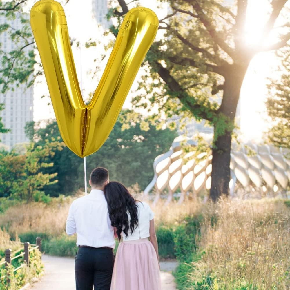Balon Folie Metalizata Litera V, Flippy, 80 cm, Umflati cu Heliu sau Aer, Ambalaj Individual, Pai inclus, Auriu [3]