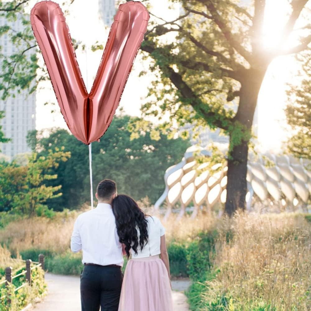 Balon Folie Metalizata Litera V, Flippy, 80 cm, Umflati cu Heliu sau Aer, Ambalaj Individual, Pai inclus, Rose Gold [3]