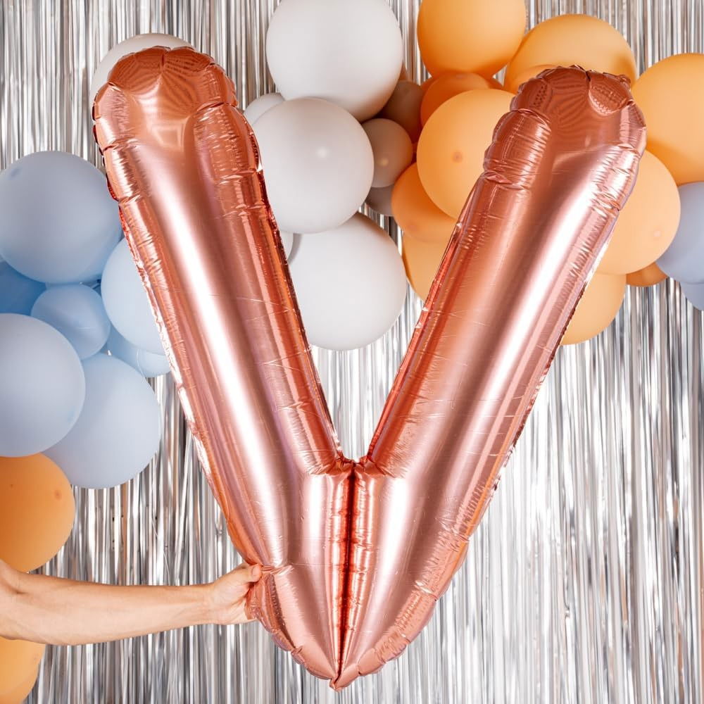 Balon Folie Metalizata Litera V, Flippy, 80 cm, Umflati cu Heliu sau Aer, Ambalaj Individual, Pai inclus, Rose Gold [5]