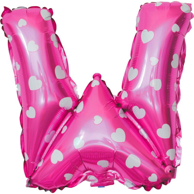 Balon Folie Metalizata Litera W, Flippy, 40 cm, Cu Imprimeu Inimioare, Umflati cu Heliu sau Aer, Ambalaj Individual, Pai inclus, Roz [3]