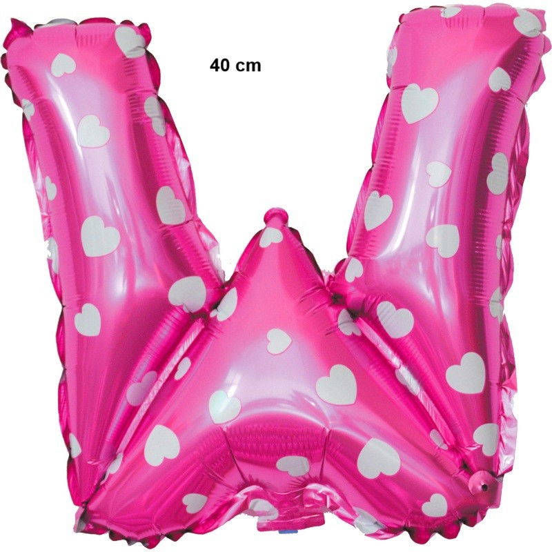 Balon Folie Metalizata Litera W, Flippy, 40 cm, Cu Imprimeu Inimioare, Umflati cu Heliu sau Aer, Ambalaj Individual, Pai inclus, Roz [2]