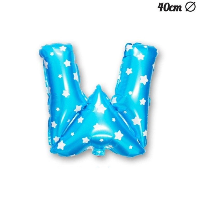 Balon Folie Metalizata Litera W, Flippy, 40 cm, Cu Imprimeu Stelute, Umflati cu Heliu sau Aer, Ambalaj Individual, Pai inclus, Albastru [4]