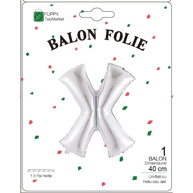Balon Folie Metalizata Litera X, Flippy, 40 cm, Umflati cu Heliu sau Aer, Ambalaj Individual, Pai inclus, Argintiu [2]