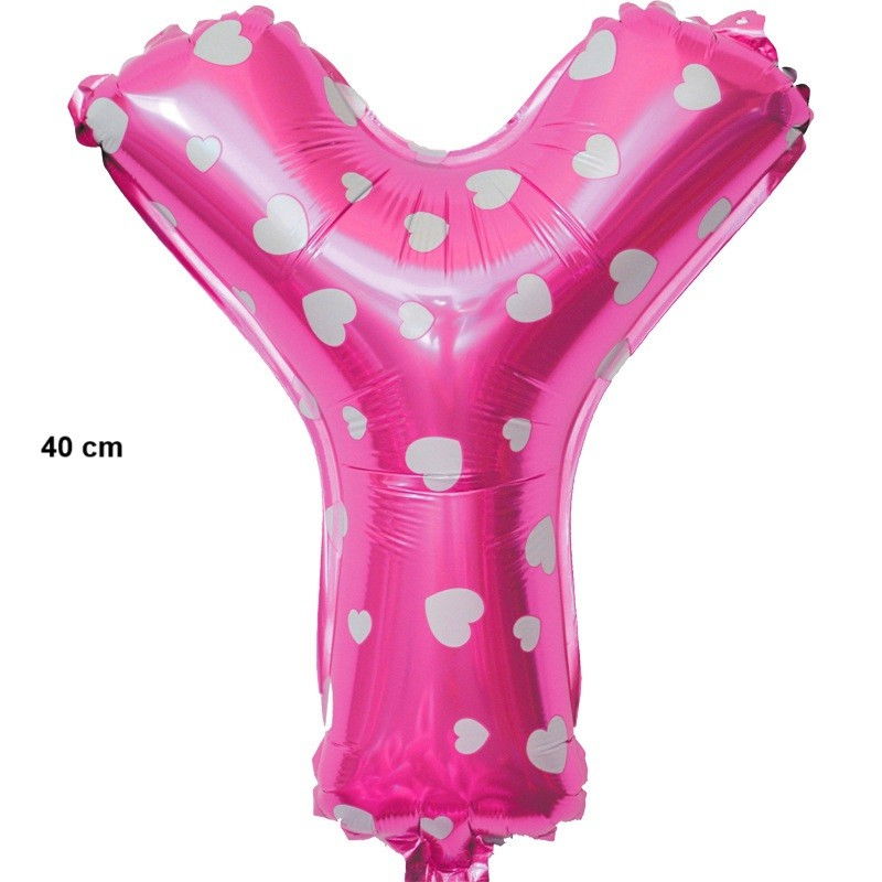 Balon Folie Metalizata Litera Y, Flippy, 40 cm, Cu Imprimeu Inimioare, Umflati cu Heliu sau Aer, Ambalaj Individual, Pai inclus, Roz [2]