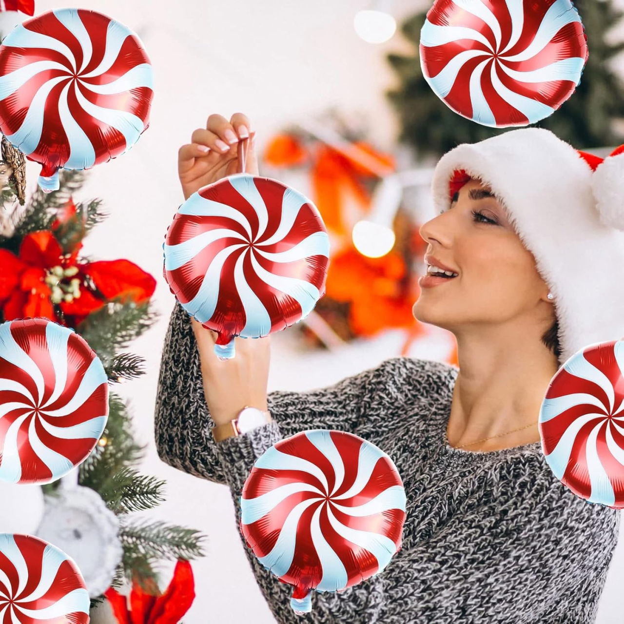 Balon Rotund, Flippy, din Folie de Aluminiu, Tema Craciun, Model Acadea, 44.5x53 cm, Rosu/Alb [3]