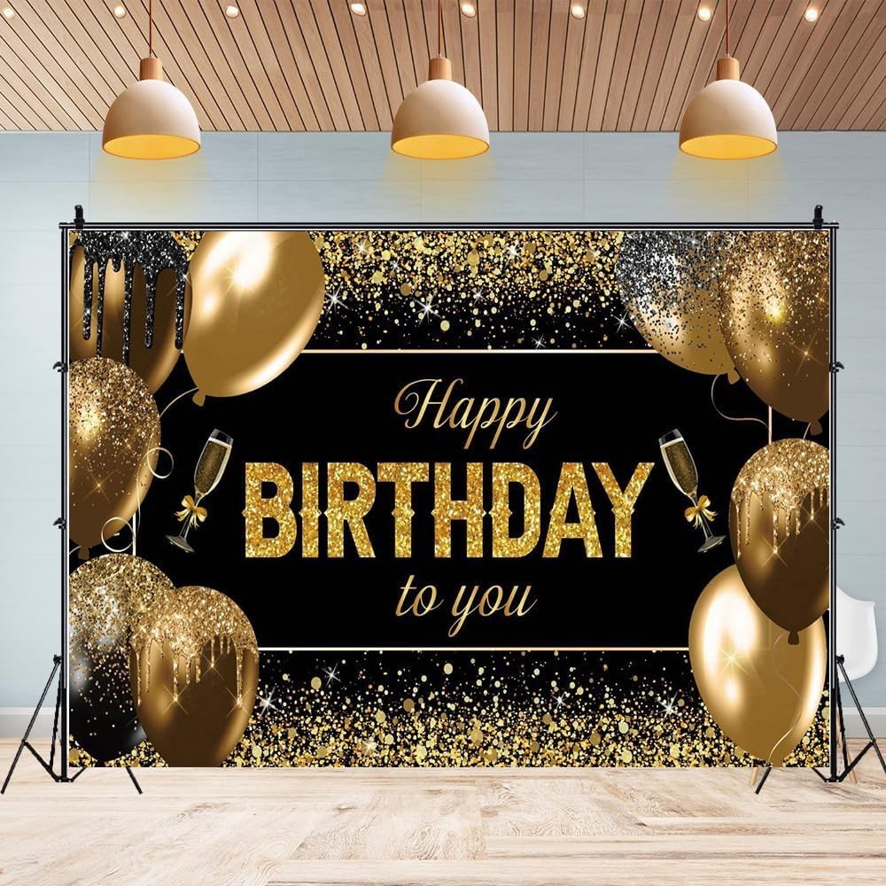 Banner Tip Fundal pentru Poze, Flippy, din Panza, 185 x 110 cm, Sfoara 6 m, Prindere in 4 Colturi, Happy Birthday to You, Negru/Auriu [3]
