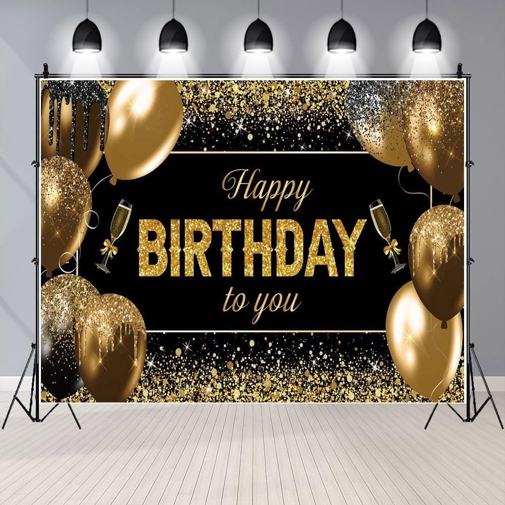 Banner Tip Fundal pentru Poze, Flippy, din Panza, 185 x 110 cm, Sfoara 6 m, Prindere in 4 Colturi, Happy Birthday to You, Negru/Auriu [2]