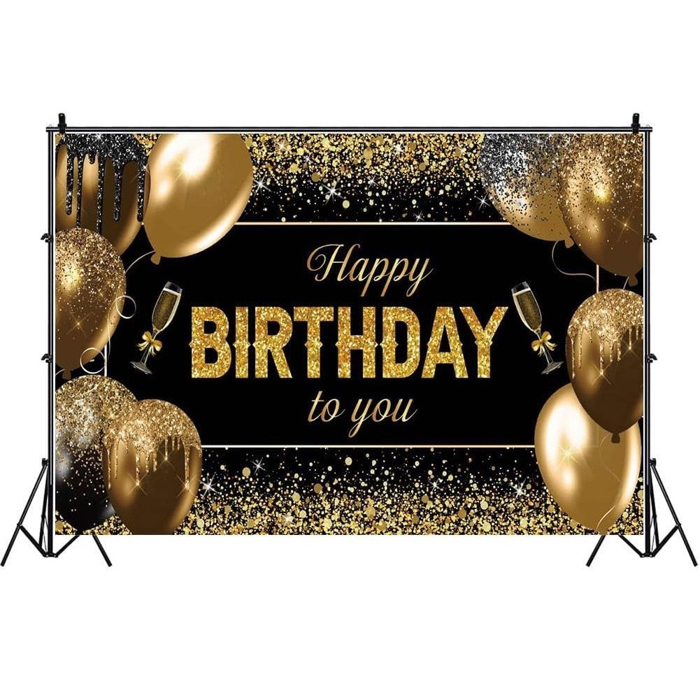 Banner Tip Fundal pentru Poze, Flippy, din Panza, 185 x 110 cm, Sfoara 6 m, Prindere in 4 Colturi, Happy Birthday to You, Negru/Auriu [1]