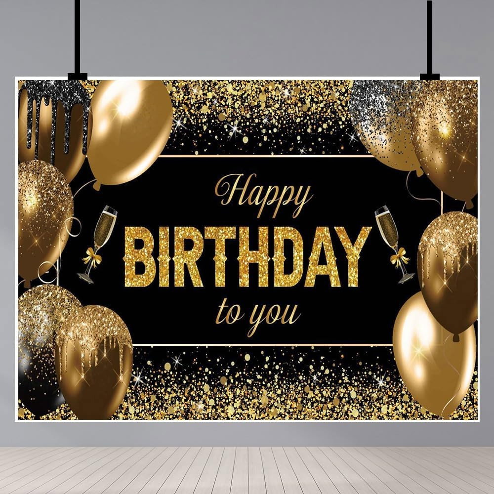 Banner Tip Fundal pentru Poze, Flippy, din Panza, 185 x 110 cm, Sfoara 6 m, Prindere in 4 Colturi, Happy Birthday to You, Negru/Auriu [4]