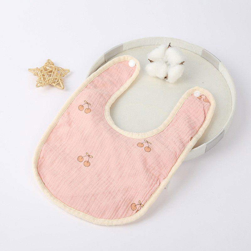 Baveta in Forma de U, Flippy, din Bumbac, pentru Copii 0-12 Luni, Rezistenta la Apa, cu Capse, Model cu Cirese, 21x30 cm, Roz [3]