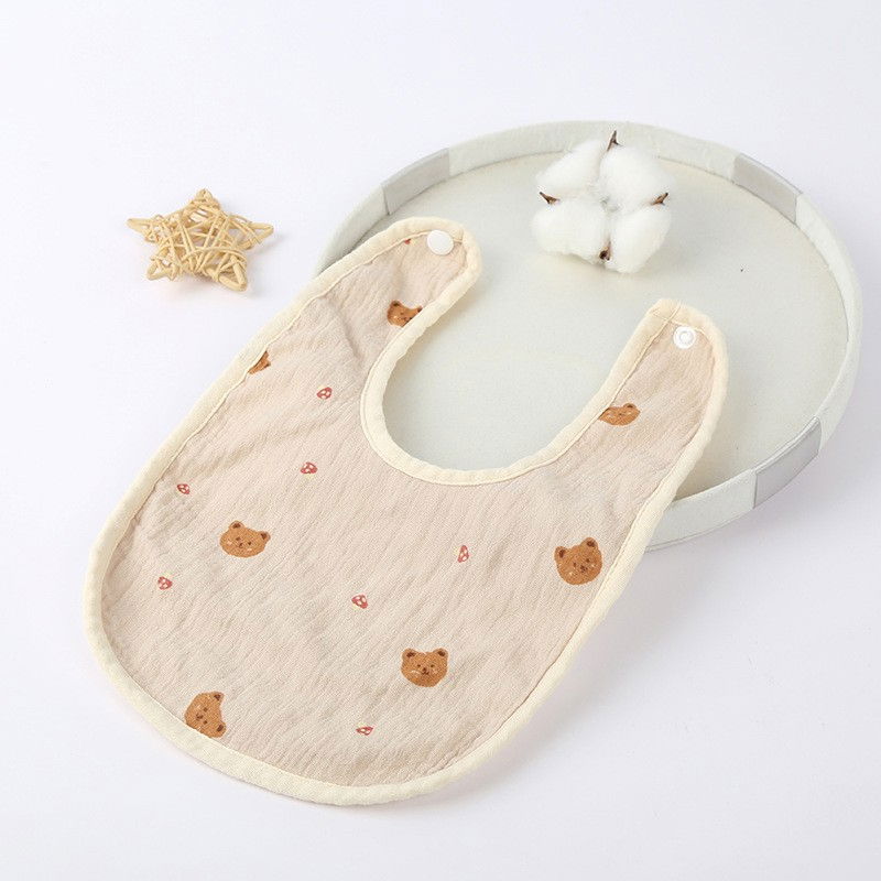 Baveta in Forma de U, Flippy, din Bumbac, pentru Copii 0-12 Luni, Rezistenta la Apa, cu Capse, Model cu Ursuleti, 21x30 cm, Bej [2]