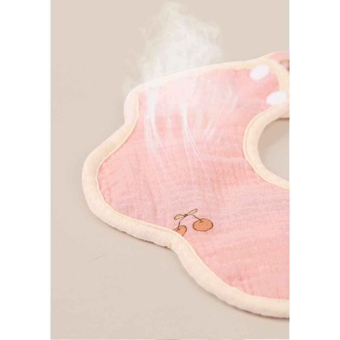 Baveta Tip Floare, Flippy, din Bumbac, pentru Copii 0-12 Luni, Rezistenta la apa, cu Capse, Model cu Cirese, 26 x 29 cm, Roz [2]