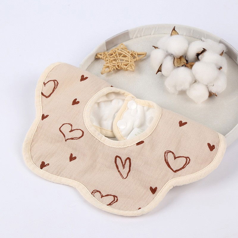 Baveta Tip Floare, Flippy, din Bumbac, pentru Copii 0-12 Luni, Rezistenta la apa, cu Capse, Model cu Inimioare, 26 x 29 cm, Crem [4]