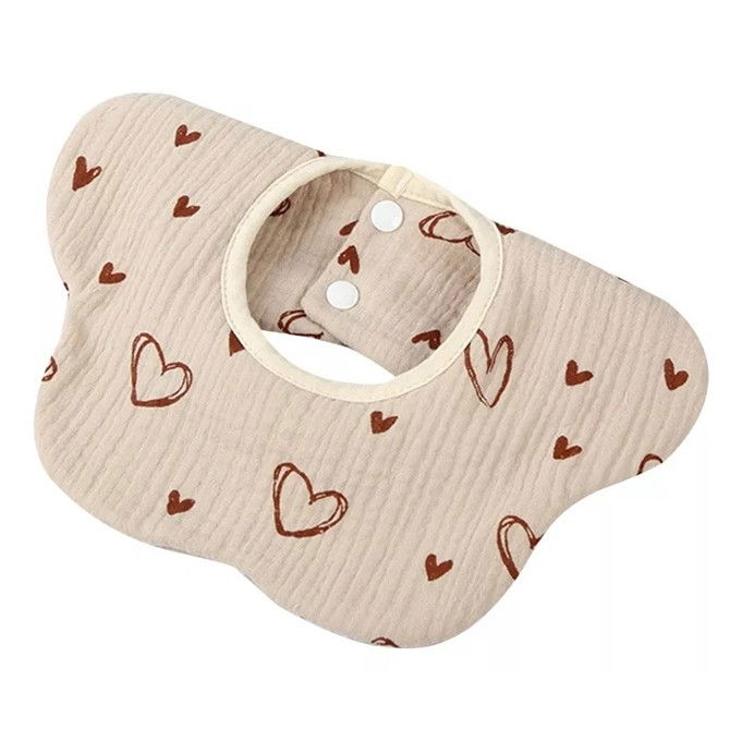 Baveta Tip Floare, Flippy, din Bumbac, pentru Copii 0-12 Luni, Rezistenta la apa, cu Capse, Model cu Inimioare, 26 x 29 cm, Crem [1]