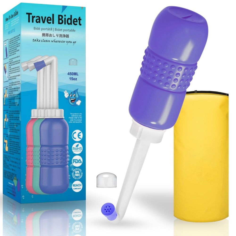 Bideu Portabil pentru Igiena Intima, Flippy, pentru Postpartum/ Postoperator, 450 mL, cu Capac si Husa Galbena, 29.5x7 cm, Culoare Recipient Mov [5]