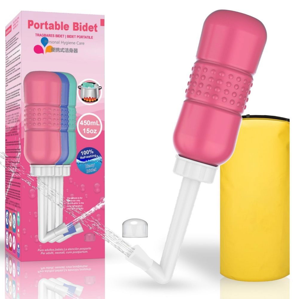 Bideu Portabil pentru Igiena Intima, Flippy, pentru Postpartum/ Postoperator, 450 mL, cu Capac si Husa Galbena, 29.5x7 cm, Culoare Recipient Roz [5]