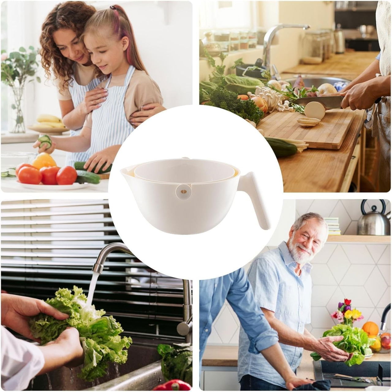 Bol cu Doua Straturi, Flippy, pentru Fructe, Legume, cu Cos de Scurgere a Apei, 2L, din ABS+PP, 29.9 x 22.5 x 11.8 cm, Alb [4]