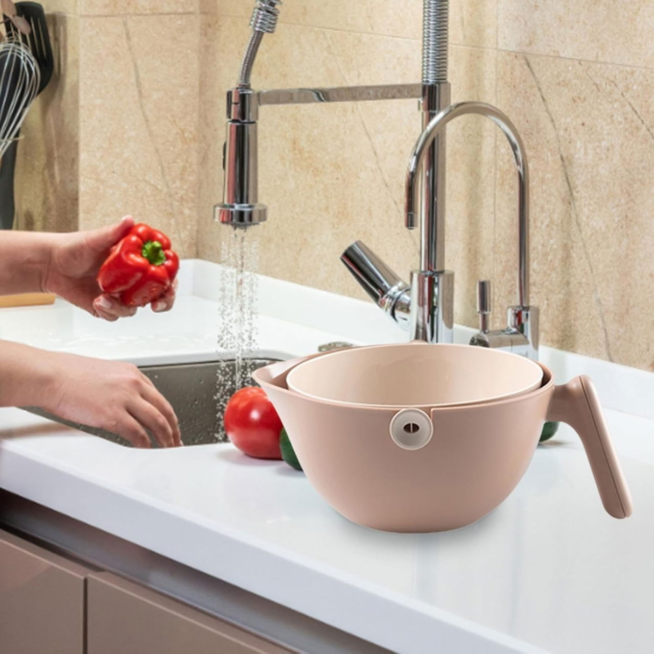 Bol cu Doua Straturi, Flippy, pentru Fructe, Legume, cu Cos de Scurgere a Apei, 2L, din ABS+PP, 29.9 x 22.5 x 11.8 cm, Maro [6]