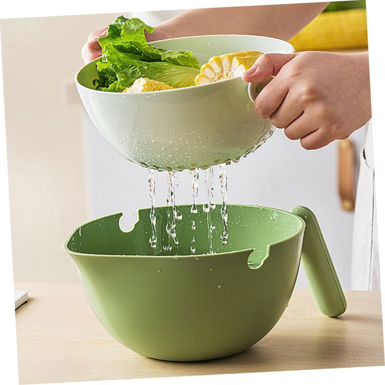 Bol cu Doua Straturi, Flippy, pentru Fructe, Legume, cu Cos de Scurgere a Apei, 2L, din ABS+PP, 29.9 x 22.5 x 11.8 cm, Verde-Alb [3]