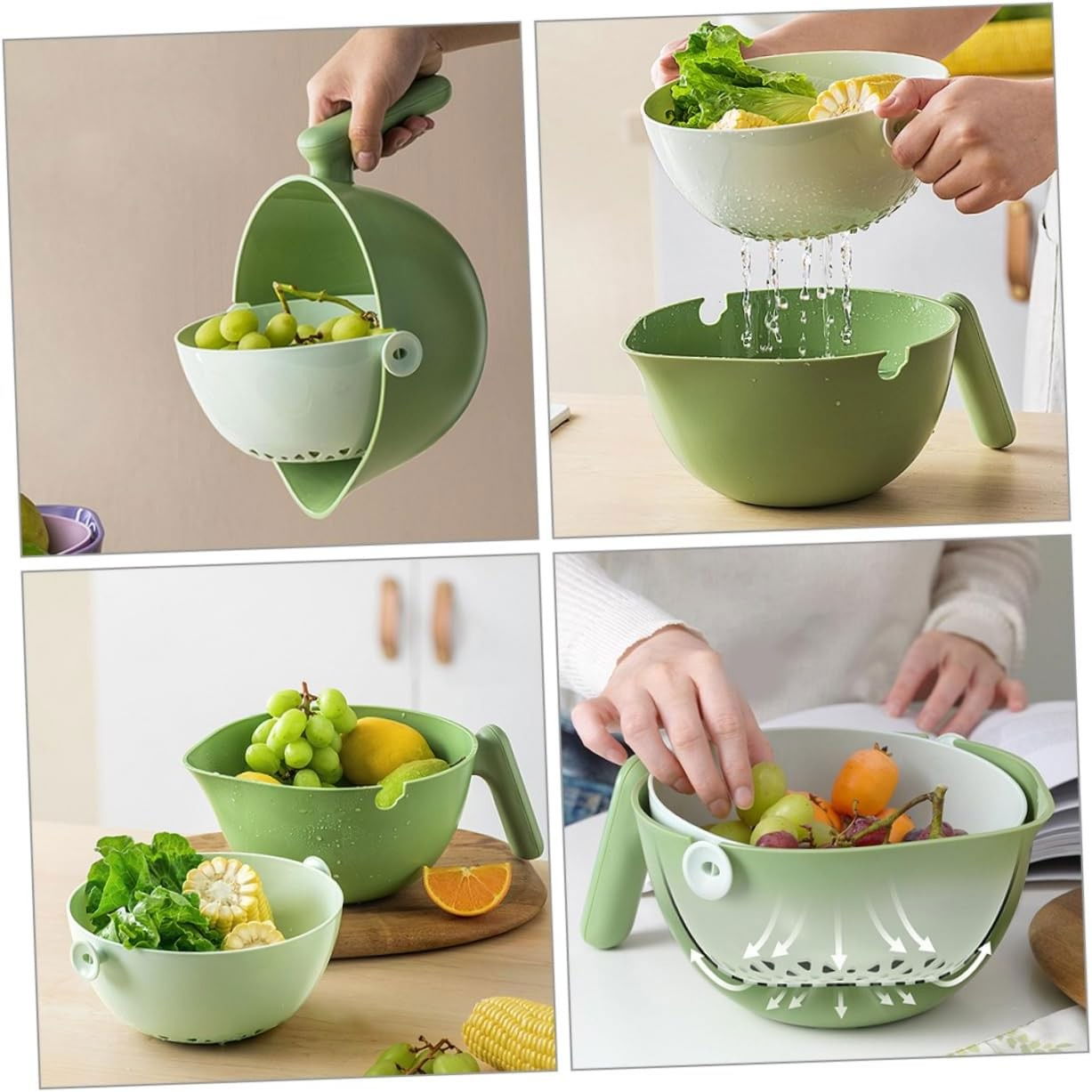 Bol cu Doua Straturi, Flippy, pentru Fructe, Legume, cu Cos de Scurgere a Apei, 2L, din ABS+PP, 29.9 x 22.5 x 11.8 cm, Verde-Alb [4]