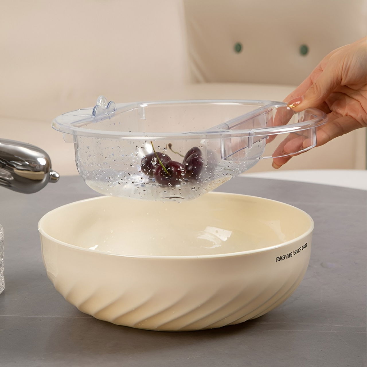 Bol cu Doua Straturi, Flippy, pentru Fructe, Legume, Snacks, cu Strat de Scurgere a Apei, Suport pentru Telefonul Mobil, 22.4x9 cm, Crem [5]