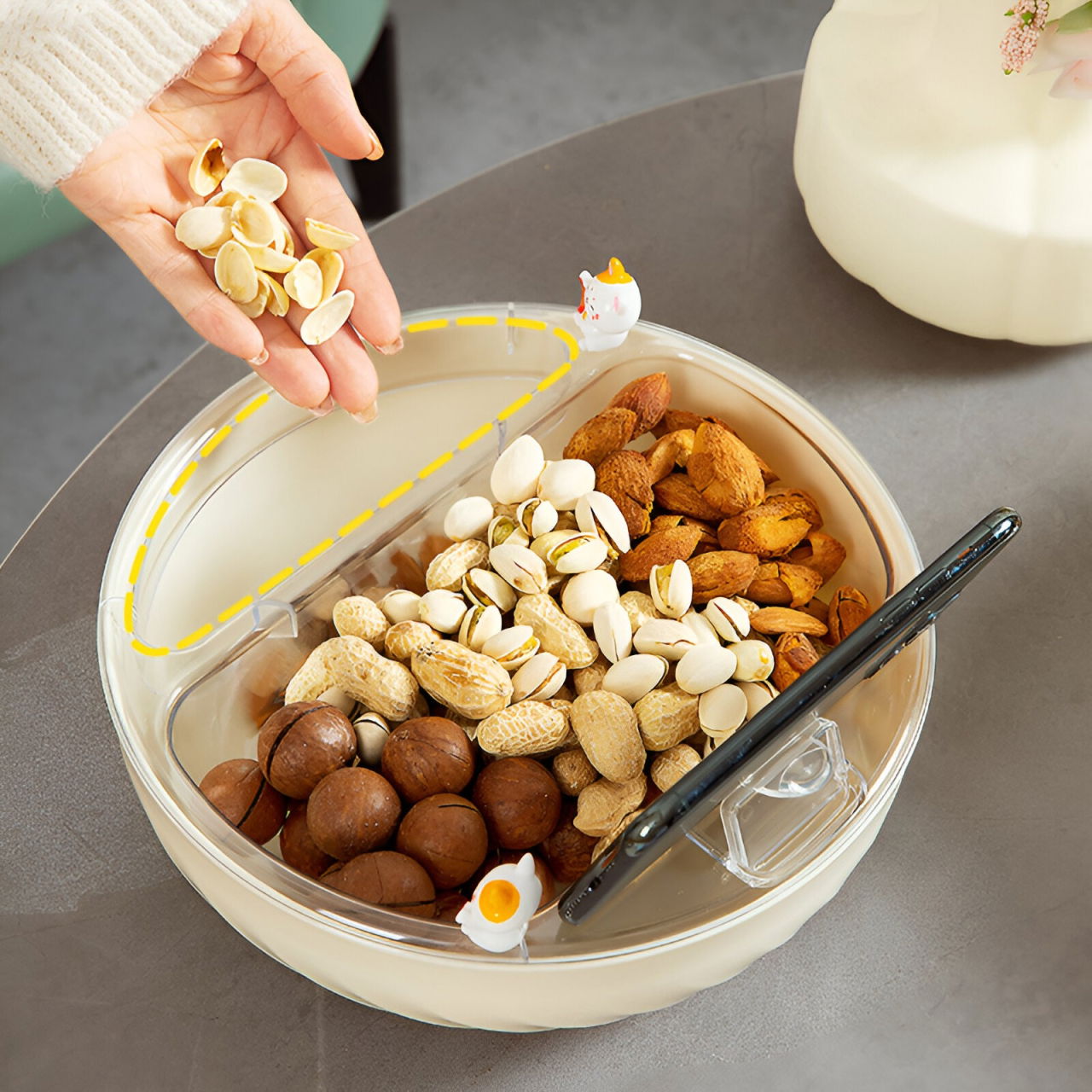 Bol cu Doua Straturi, Flippy, pentru Fructe, Legume, Snacks, cu Strat de Scurgere a Apei, Suport pentru Telefonul Mobil, 22.4x9 cm, Crem [3]