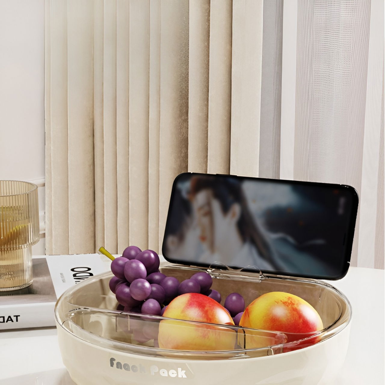 Bol cu Doua Straturi, Flippy, pentru Fructe, Legume, Snacks, cu Strat de Scurgere a Apei, Suport pentru Telefonul Mobil, 22.4x9 cm, Crem [6]