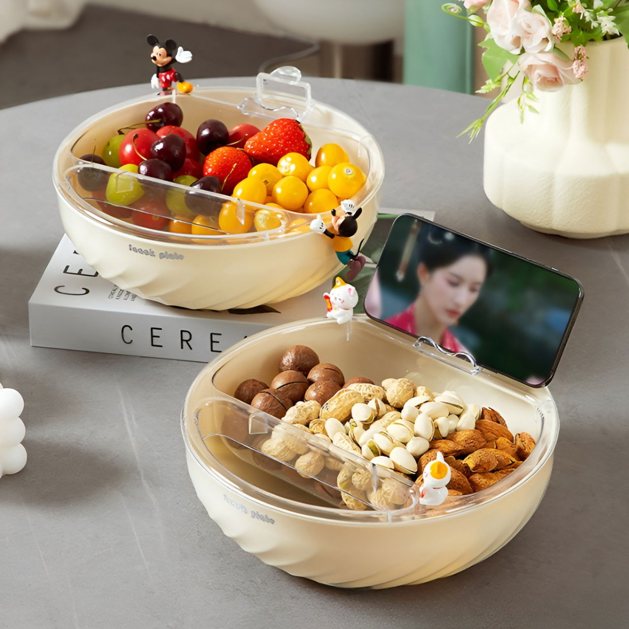 Bol cu Doua Straturi, Flippy, pentru Fructe, Legume, Snacks, cu Strat de Scurgere a Apei, Suport pentru Telefonul Mobil, 22.4x9 cm, Crem [8]