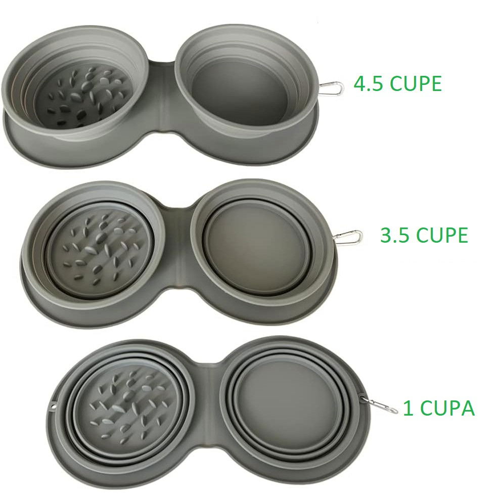 Bol Dublu pentru Animalul de Companie, Flippy, din Silicon, Pliabil, Inaltime Reglabila, Antialunecare, 42 x 21 x 5 cm, Gri [3]