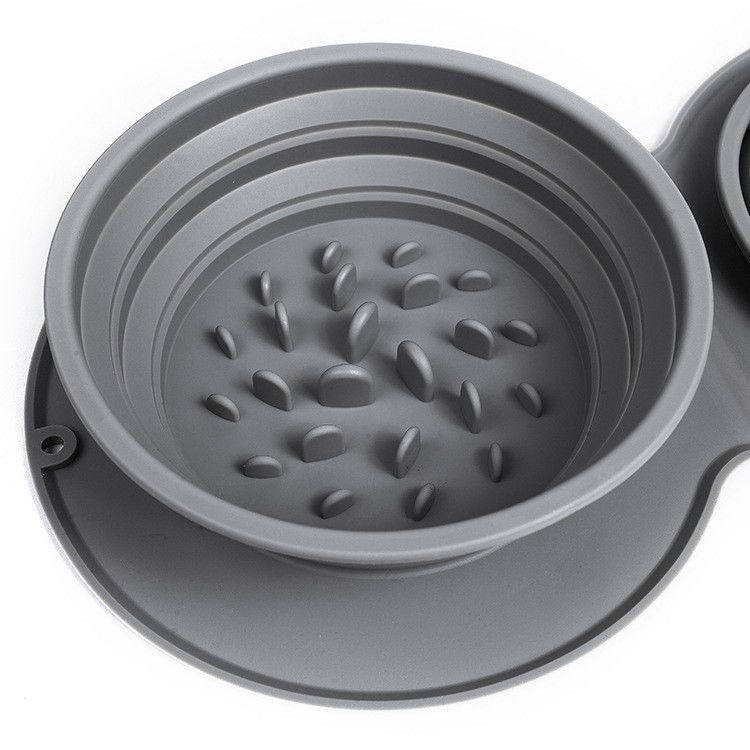 Bol Dublu pentru Animalul de Companie, Flippy, din Silicon, Pliabil, Inaltime Reglabila, Antialunecare, 42 x 21 x 5 cm, Gri [6]