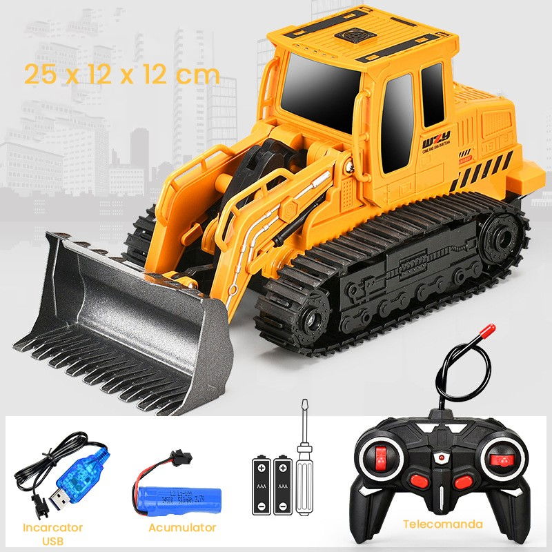 Buldozer cu Senile Jucarie pentru Copii, Flippy, Jucarie Buldozer cu Telecomanda, Jucarie de Constructie, Acumulator cu Incarcare USB, 25 x 12 x 12 cm, Galben [2]