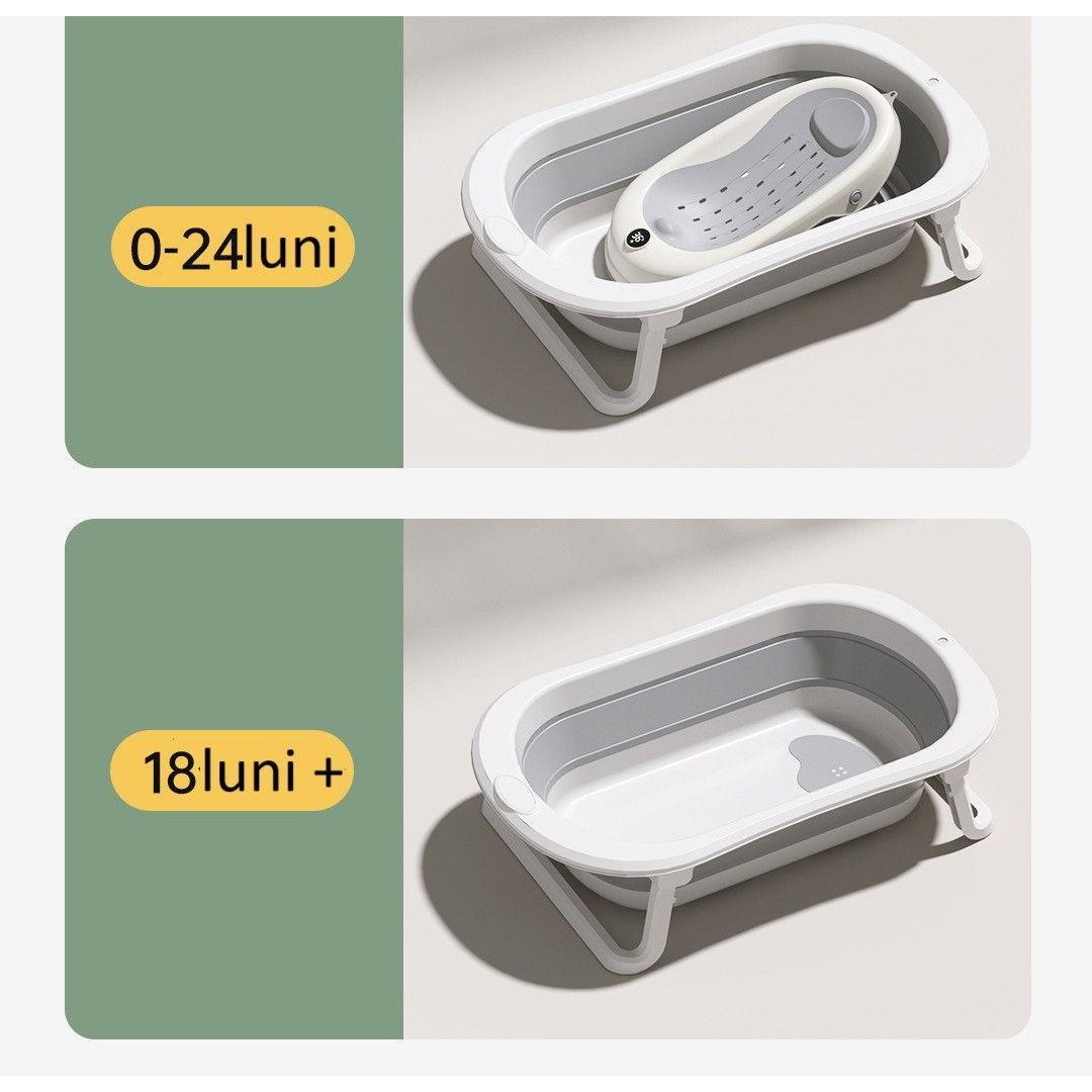 Cada de Baie Pliabila, Flippy, cu Suport, Indicator de Temperatura, 0-8 Ani, din PP+TPR, 45 l Capacitate, 80 x 50 x 23 cm, Gri [4]