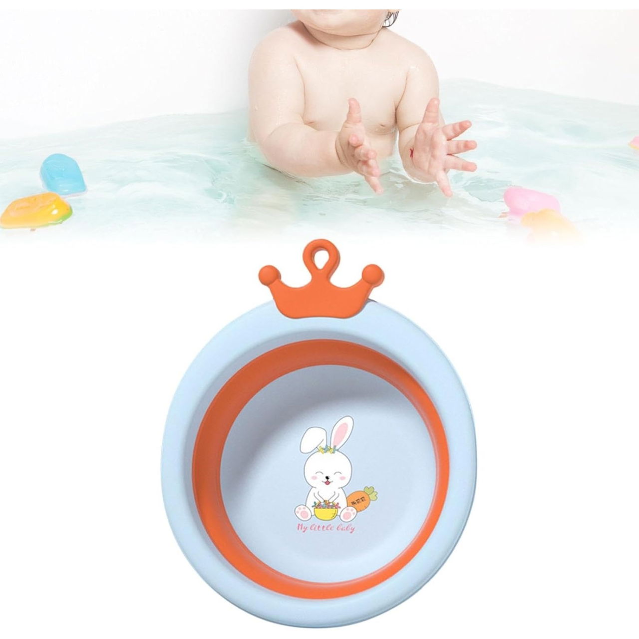 Cada Pliabila pentru Baie pentru Copii, Flippy, Cadita pentru Bebelusi, Model Rotund cu Iepuras, Blue, 30x31x3.5 cm, 3.3 L [6]