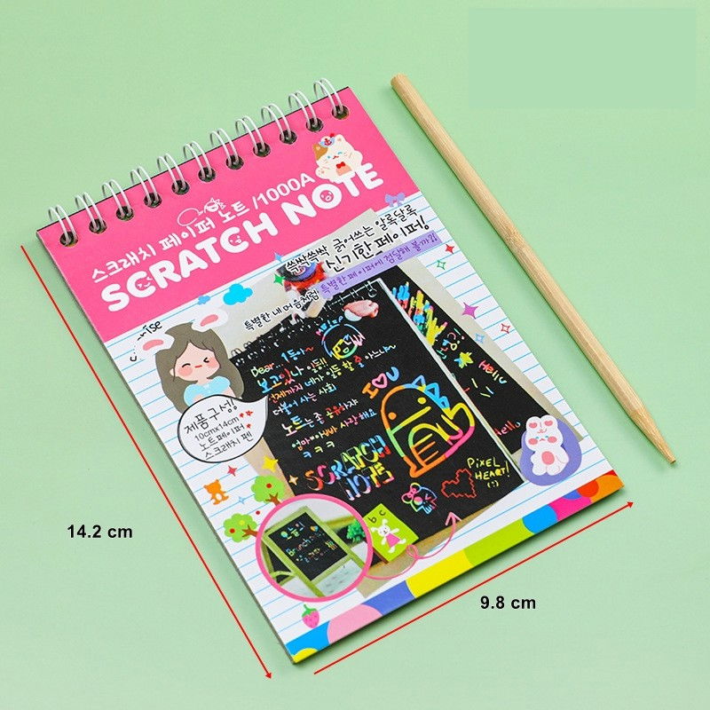 Caiet cu fise razuibile Flippy, DIY Magic Scratch, 12 File, Curcubeu, Creion din Lemn, Cartonase negre, 14.2 x 9.8 cm, Roz deschis [2]