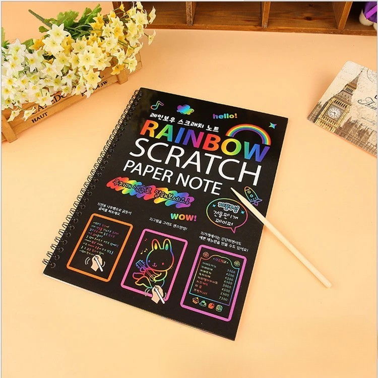 Caiet cu Foi de Hartie de Razuit, Flippy, cu Un Stilou din Bambus, pentru Desen, Curcubeu, 19 x 26 cm, Negru [4]