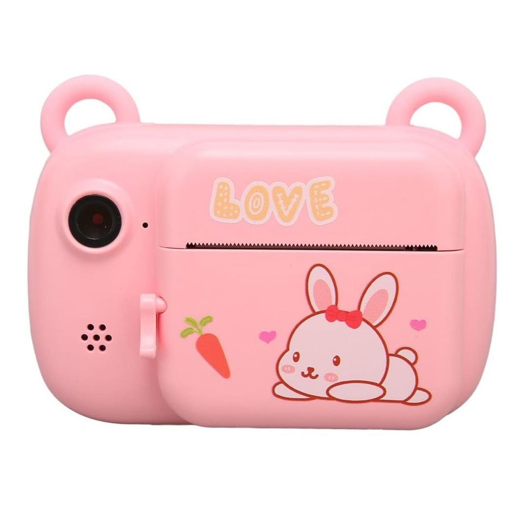 Camera Instantanee pentru Copii, Flippy, Camera Frontala + Selfie, cu Functie de Printare, Cablu USB-C, Bluetooth, Compatibil iOS/Android, Imprimare APP, Model Iepure Love, Roz [1]