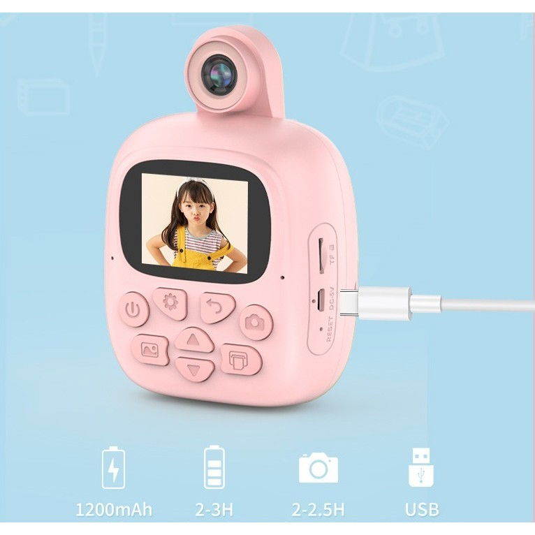 Camera Instantanee pentru Copii, Flippy, Camera Frontala + Selfie, cu Functie de Printare, Cablu USB-C, Bluetooth, Compatibil iOS/Android, Imprimare APP, Model Bunny, Roz [10]