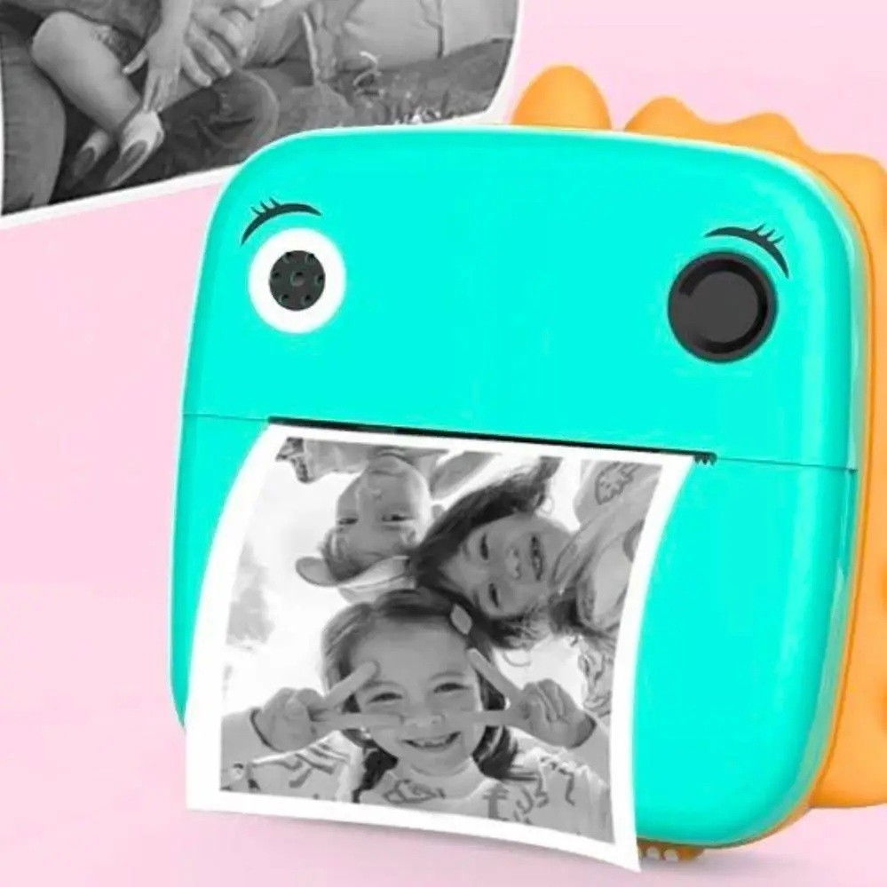 Camera Instantanee pentru Copii, Flippy, Camera Frontala + Selfie, cu Functie de Printare, Cablu USB-C, Bluetooth, Compatibil iOS/Android, Model Dinozaur, Snur Inclus, Verde [3]
