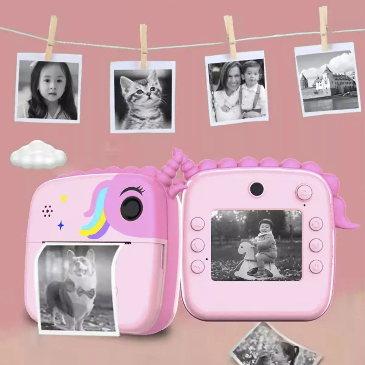 Camera Instantanee pentru Copii, Flippy, Camera Frontala + Selfie, cu Functie de Printare, Cablu USB-C, Bluetooth, Compatibil iOS/Android, Model Unicorn, Snur Inclus, Roz [4]